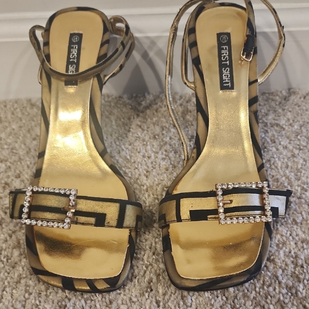Gold and Black Heels with Crystal Embellishment